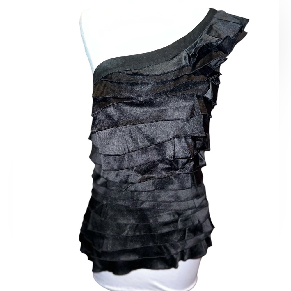 ROCK & REPUBLIC Collection Black Ruffle Layered One Shoulder Side Zip Tunic